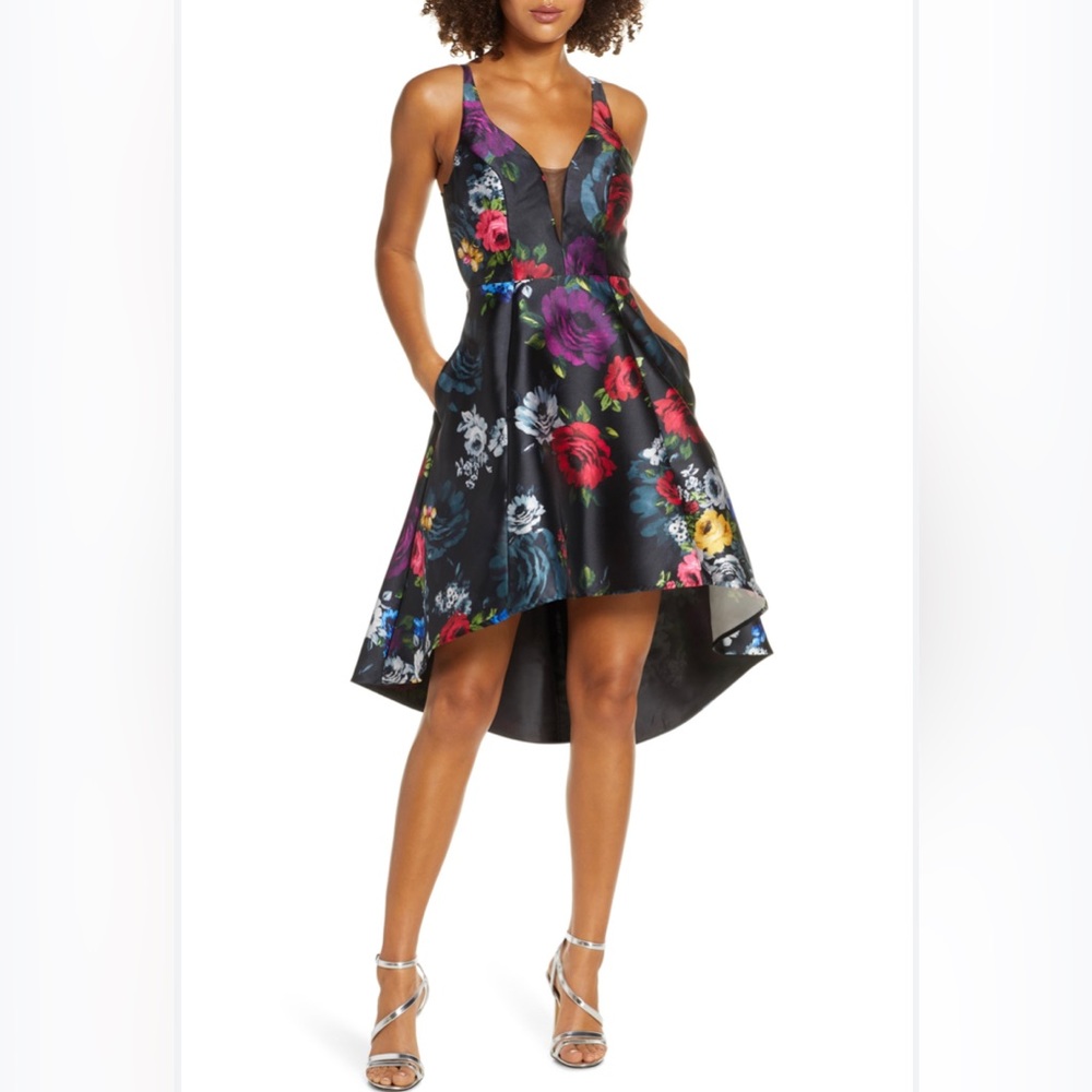 Sequin Hearts Floral Print High/Low Mikado Cocktail Dress Size 5